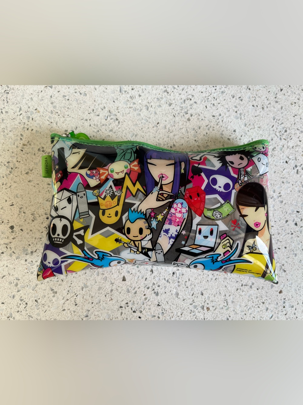Sephora Clear Graphic Cosmetic Pouch with Green Clover Charm